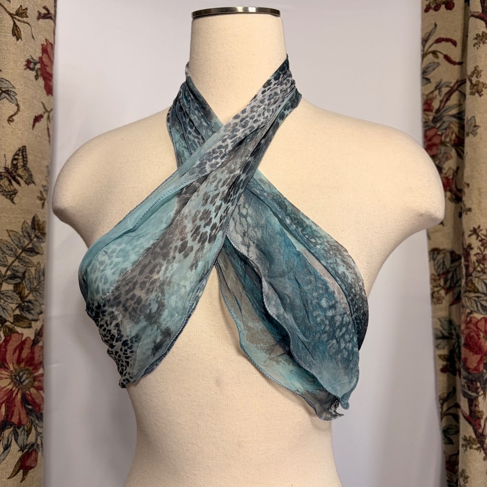 G Teal Blue NWT Animal Cheetah Leopard Print Ruffle Scarf Y2K Sheer Halter Top